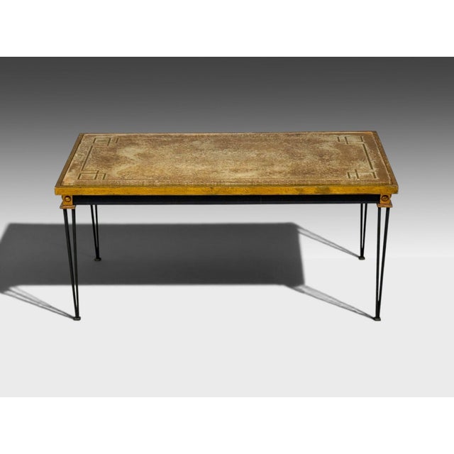 Jacques Quinet Style, French Mid-Century Modern, Coffee or Cocktial Table, Gold Églomisé Glass, Iron, France, 1960s A...