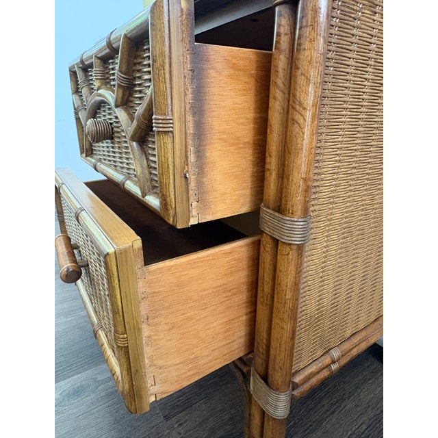 Wood 1970s Henry Link Faux Bamboo and Woven Rattan Sunburst 2 Drawer Nightstand For Sale - Image 7 of 9