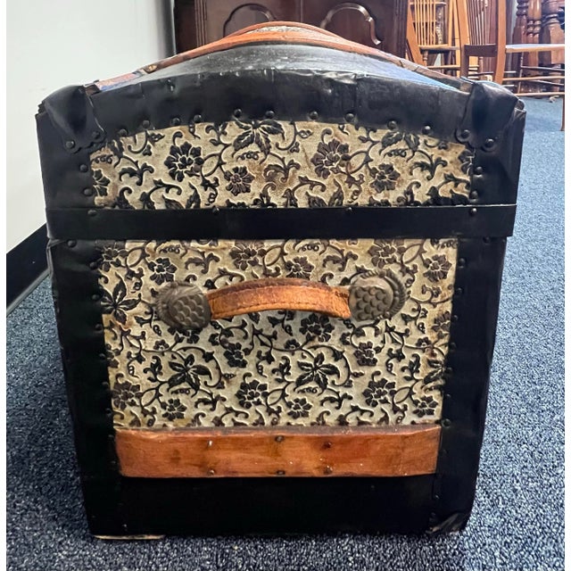 Black Small Victorian Dome Top Embossed Tin Steamer Trunk. For Sale - Image 8 of 10