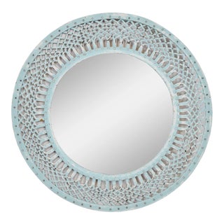 Vintage Coastal Farmhouse Iron Baby Blue Mirror For Sale