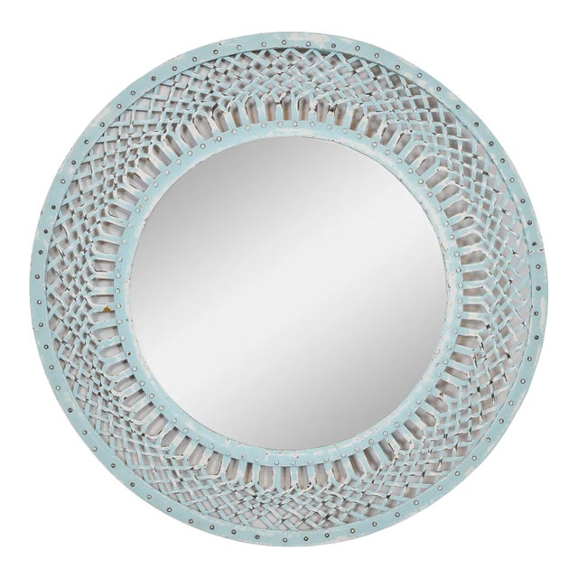 Vintage Coastal Farmhouse Iron Baby Blue Mirror For Sale