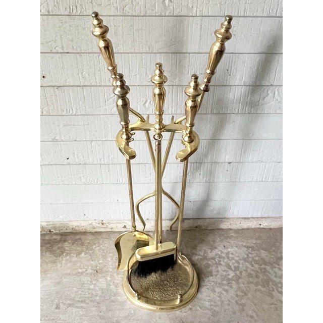 Vintage Solid Polished Brass 5-Piece Fireplace Tool Companion Set For Sale - Image 4 of 11