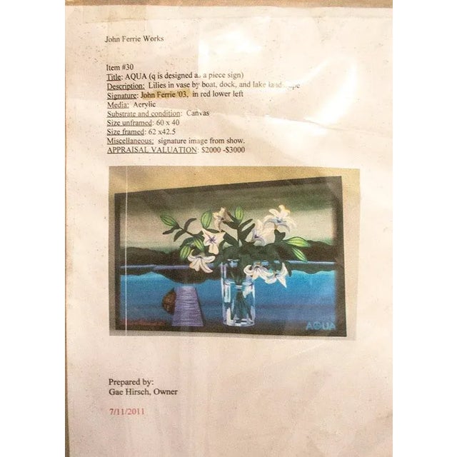 John Ferrie Mid-Century Painting Titled Aqua - Lilies in Vase For Sale - Image 10 of 13