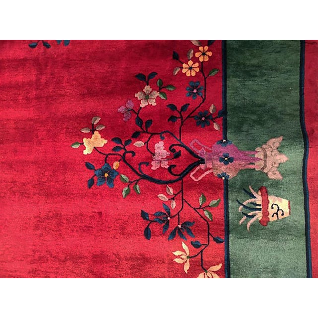 Art Deco 1920s Red Vase Floral Antique Chinese Art Deco Rug 9' X 11'9" Handknotted Wool Carpet For Sale - Image 3 of 5