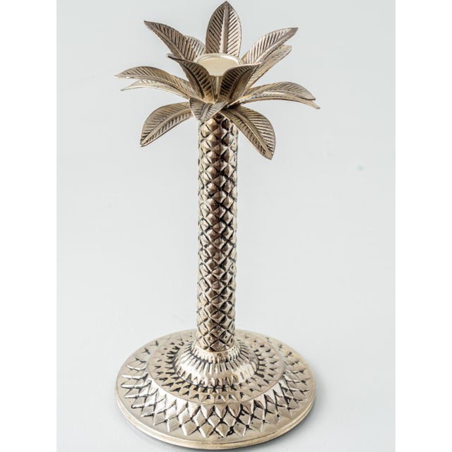Vintage Hollywood Regency Palm Beach Silvered Metal Palm Tree Candlesticks, Set of 2 For Sale - Image 5 of 8