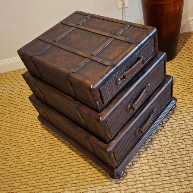 English Late 20th Century Stacking Luggage-Form Leather & Woven Rattan Side Table Chest For Sale - Image 3 of 11