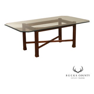 Chinese Chippendale Style Glass Top Mahogany Dining Table For Sale