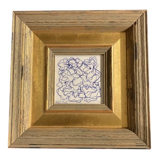 1980’s Original Wayne Cunningham Small Blue Ink Drawing Chunky Gold Frame For Sale