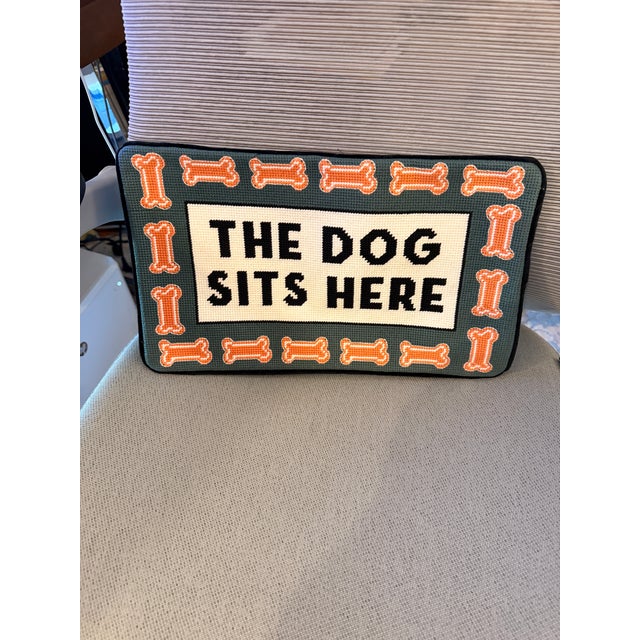Textile The Dog Sits Here Needlepoint Pillow For Sale - Image 7 of 7