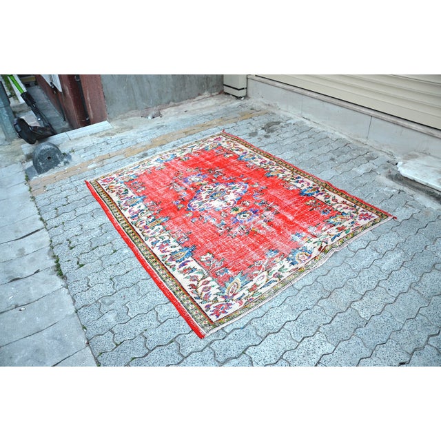 1960s 1960s Vintage Red Distressed Wool Rug For Sale - Image 5 of 11