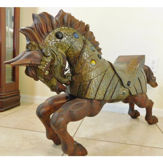 Figurative Large Mid Century Elaborate Hand Carved Solid Wood & Brass Jeweled Equestrian Horse Art Sculpture For Sale - Image 3 of 11