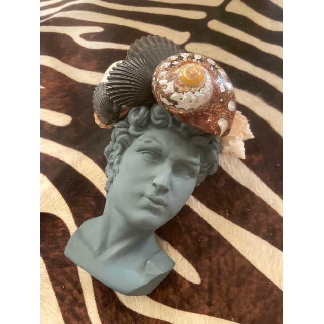Hollywood Regency Shell Encrusted Bust Painted in Farrow & Ball Inchyra, “The May River Matador” by May River Neptune For Sale - Image 3 of 12
