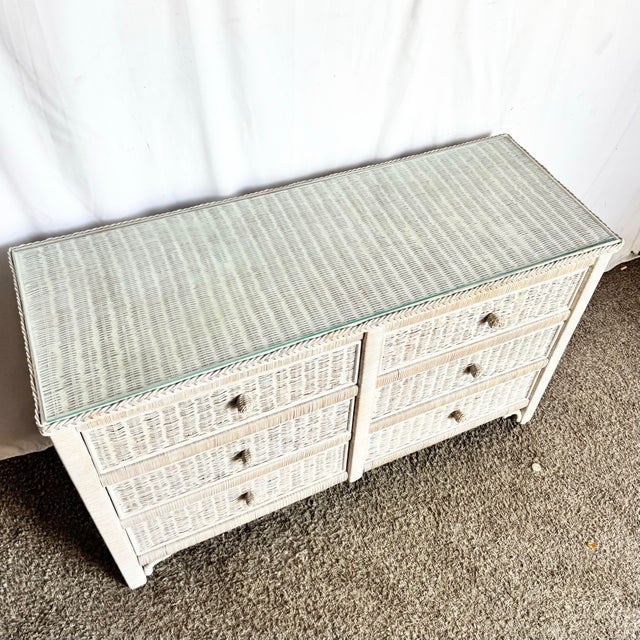 Boho Chic 1980s Boho Chic White Washed Wicker Glass Top Dresser For Sale - Image 3 of 10