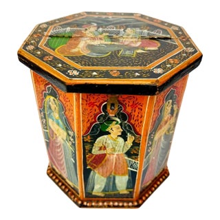 Vintage Indian Mughal Style Hand Painted Octagonal Dowry Box For Sale