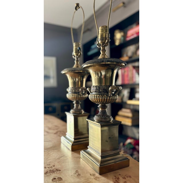 Metal Late 20th Century Classical Heavy Brass Urn and Pedestal Lamps - a Pair For Sale - Image 7 of 9