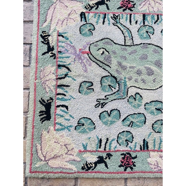 Shabby Chic Late 20th Century Hooked Wool Folk Art Tapestry With Frog, Lilly Pads and Insects For Sale - Image 3 of 11