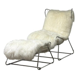 Polished Stainless Steel and Shearling Chair and Ottoman, 2000s For Sale