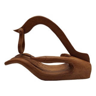 Sculptural Hand-Carved Wooden Wine Bottle Holder, 1950s For Sale