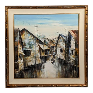 Mid 20th Century Attributed to Trần Quang Hiếu, Signed Vietnamese Stilt Village Oil Painting For Sale
