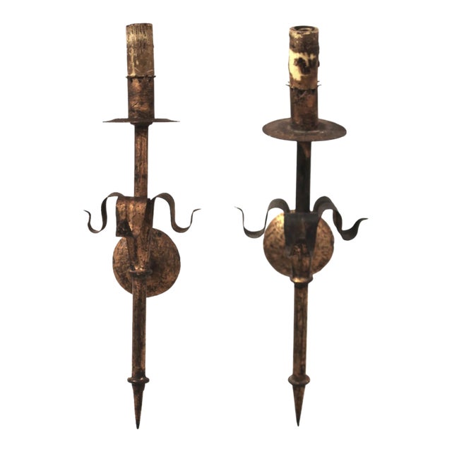 19th Century FrenchAntique Pair of Gilded Iron Sconces For Sale