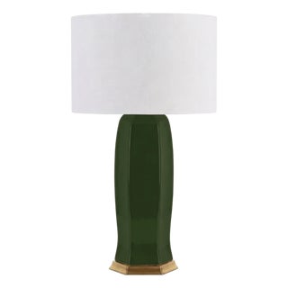 Matthew Izzo Home Barron Olive Green Ceramic Table Lamp With White Linen Drum Shade For Sale