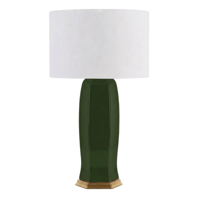 Matthew Izzo Home Barron Olive Green Ceramic Table Lamp With White Linen Drum Shade For Sale