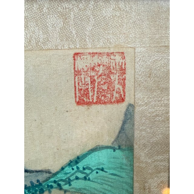 Chinese c.1950 Chinese Republic Silk Painting Mountain River Landscape W Figures, Seal Signed For Sale - Image 3 of 12