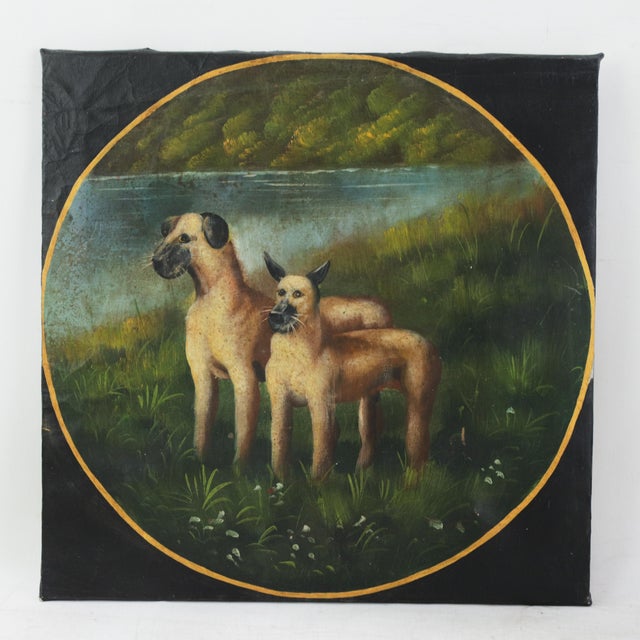 Vintage Hand Painted Folk Art Dog Portrait Circular Oil Painting on Canvas With Pastoral Landscape For Sale - Image 10 of 10