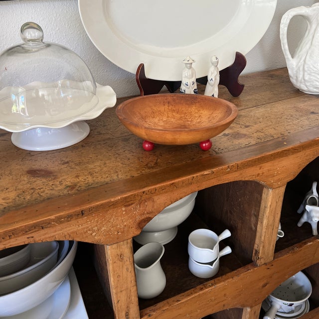 Vintage 1940s Munising Primitive Footed Wood Bowl with Red Feet, Signed