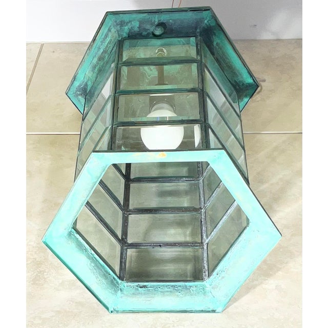 Vintage Solid Brass Hexagonal Hanging Lantern – Verdigris Patina 20”h X 11”w For Sale - Image 16 of 18
