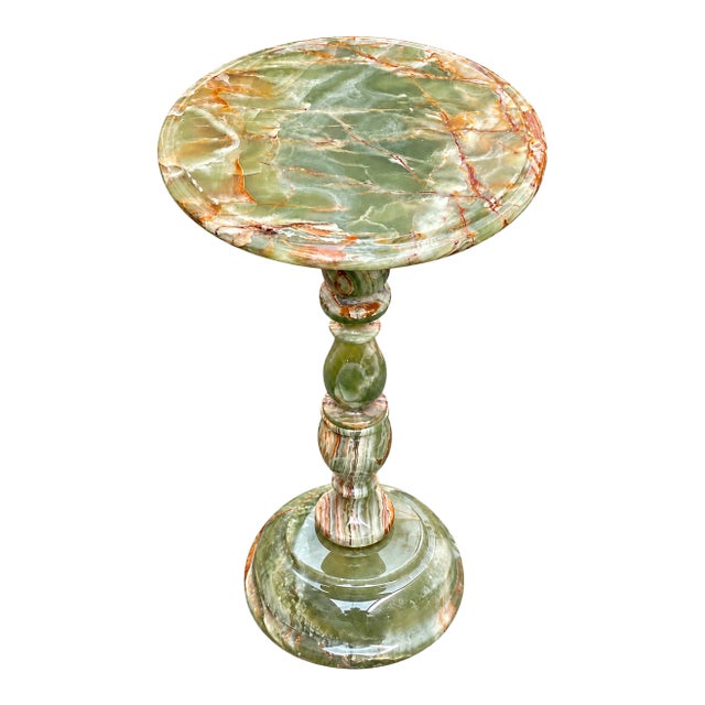 Handcrafted Green Onyx Pedestal Table – Natural Stone Round Accent & Side Table For Sale