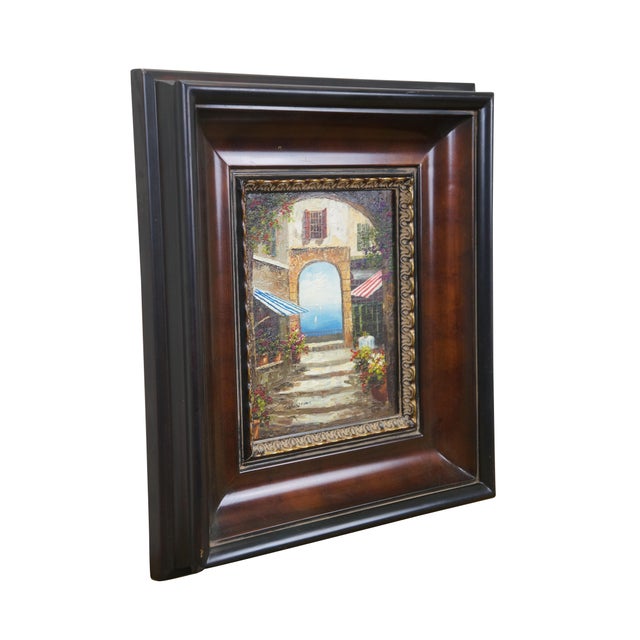 Late 20th century oil on canvas painting showing a Mediterranean courtyard with steps leading to an archway to a view of...