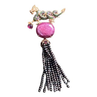 Bochic “Orient” Ruby & Black Pearl Brooch Set In 18K Gold & Silver For Sale