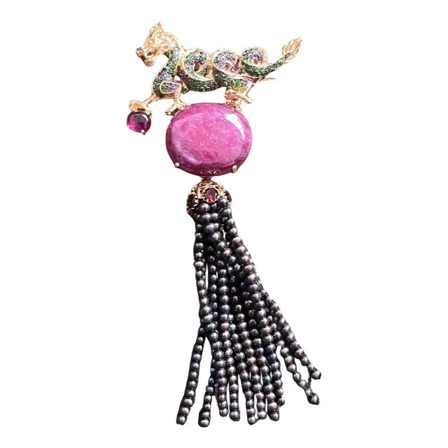 Bochic “Orient” Ruby & Black Pearl Brooch Set In 18K Gold & Silver For Sale