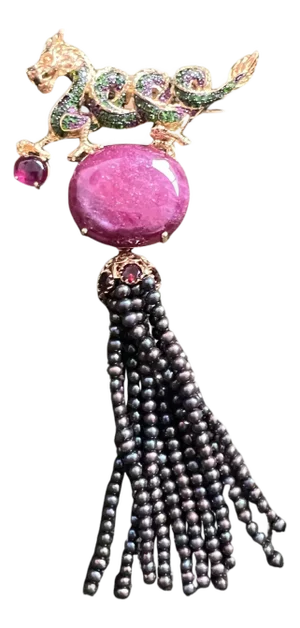 Bochic “Orient” Ruby & Black Pearl Brooch Set In 18K Gold & Silver