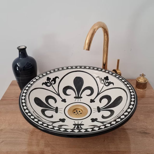 Not Yet Made - Made To Order Contemporary Black and White Bathroom Sink with Brass Drain For Sale - Image 5 of 6