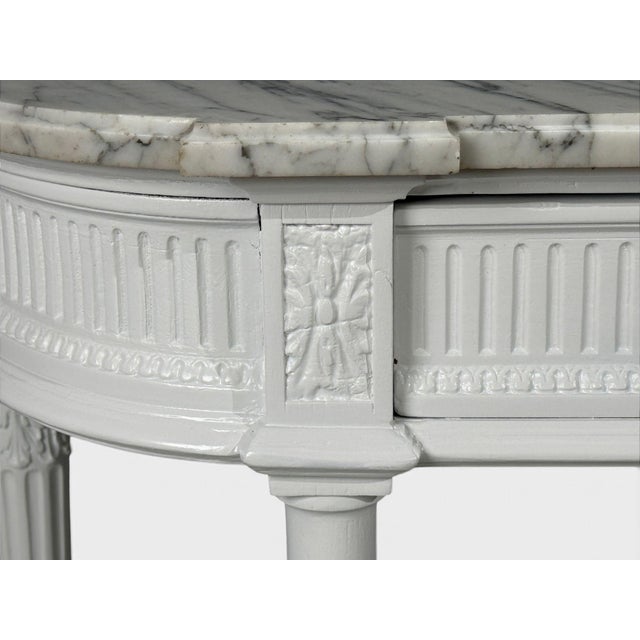Louis XVI Style, White Demilune Console Table, Wood, Marble, France, 1960s For Sale In New York - Image 6 of 15