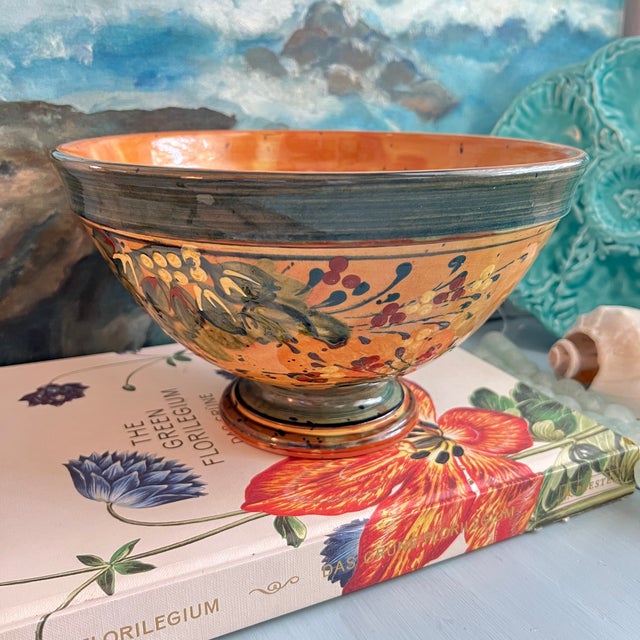 Hand-painted glazed terracotta 10" pedestal bowl produced by FF Griffi in Corsica, France.