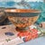 Hand-painted glazed terracotta 10" pedestal bowl produced by FF Griffi in Corsica, France.