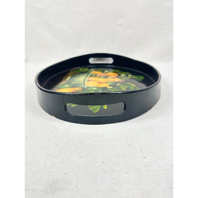 Vintage Hand-Painted Black Lacquer Oval Tole Serving Tray With Citrus Fruit For Sale - Image 11 of 11