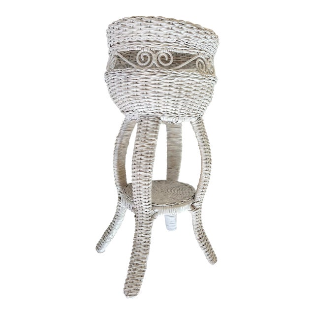 Vintage Mid Century White Wicker Plant Stand For Sale