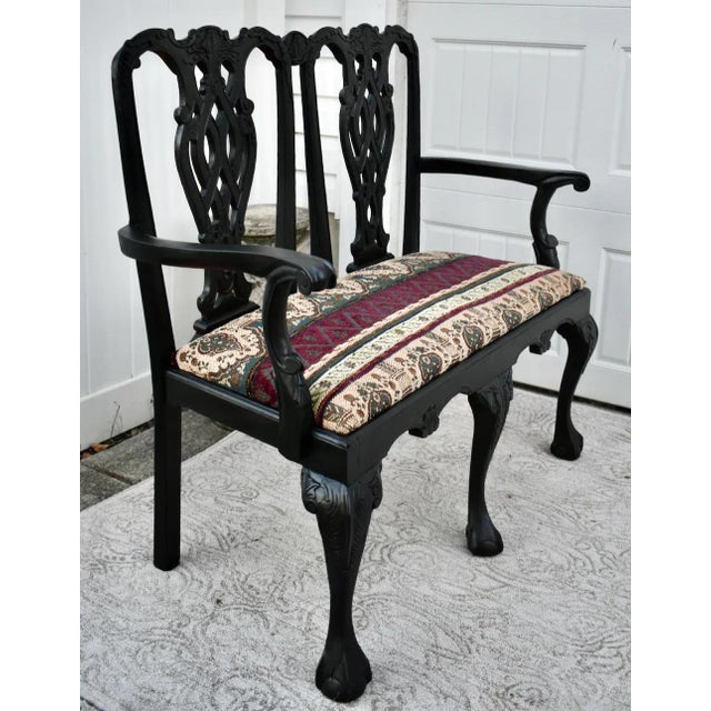 Vintage Chippendale Style Bench Settee Carved Fretwork Black Two Seater Chair For Sale - Image 11 of 13