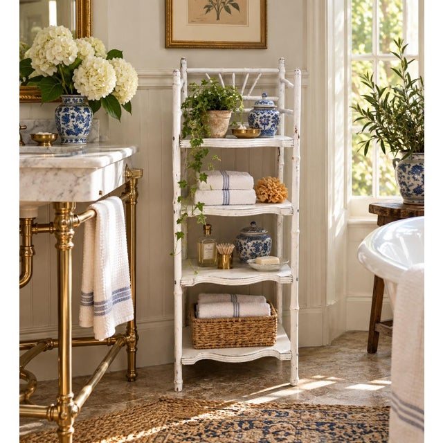 A charming late 19th-century American bamboo étagère retaining an old white painted finish, with four open shelves framed...