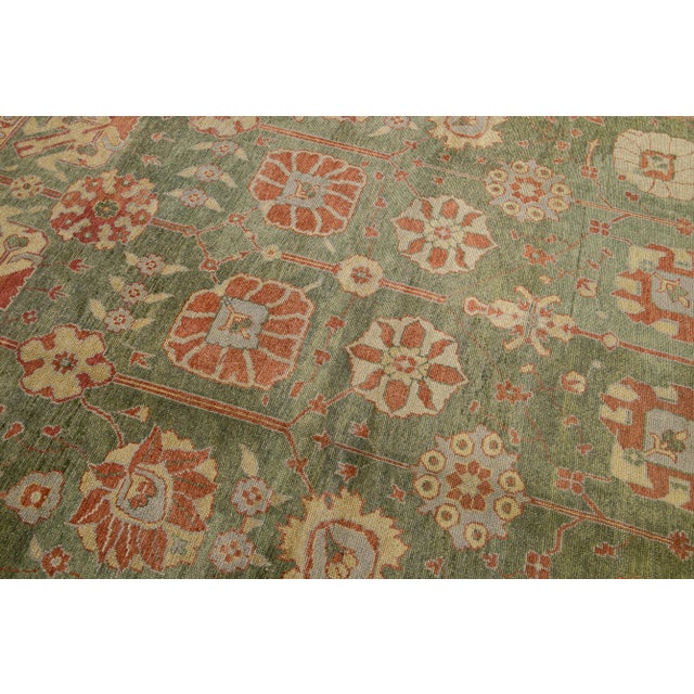 Green Modern Turkish Oushak Handmade Floral Motif Green Wool Rug For Sale - Image 8 of 10