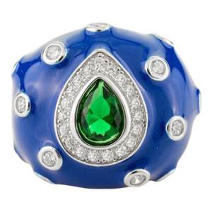 Designer Blue Enameled Cocktail Bohemian Ring in 925 Solid Silver- Size 7