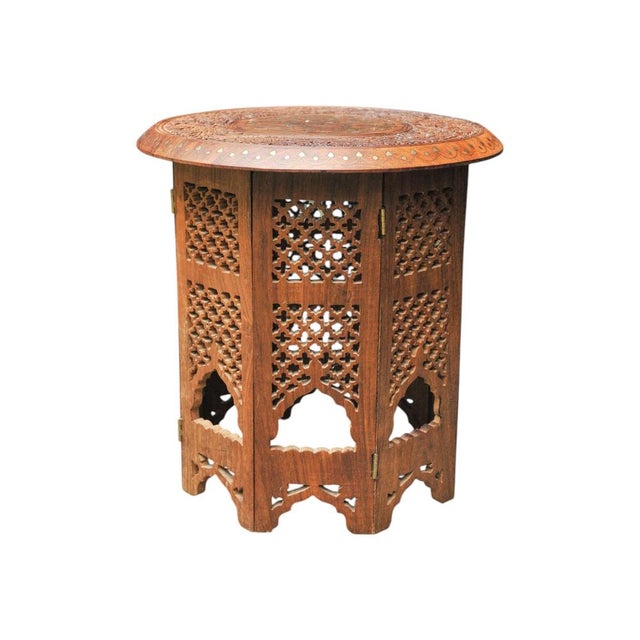 Brown Antique Middle Eastern Circular Carved Table with Repetitive Brass Floral Patterns, 1890s For Sale - Image 8 of 8