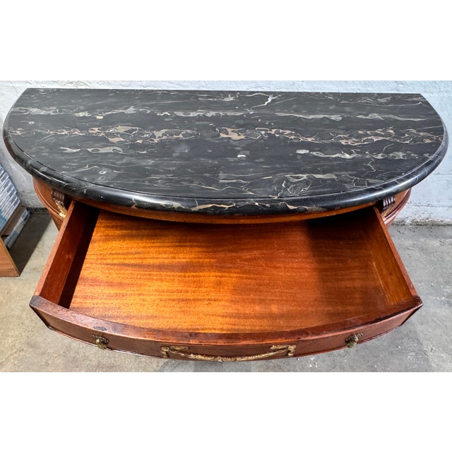 Early 19th Century Antique French Style Inlaid Wood Carved Marble Top Demilune Server For Sale - Image 5 of 14