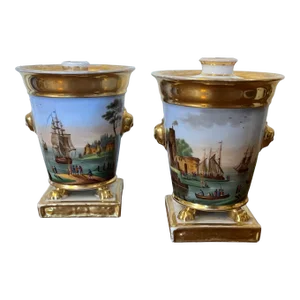 Antique Early 19th Century French Empire Paris Porcelain Darte Freres Cachepots Vases Painted With Ships and Seaport Landscapes - a Pair