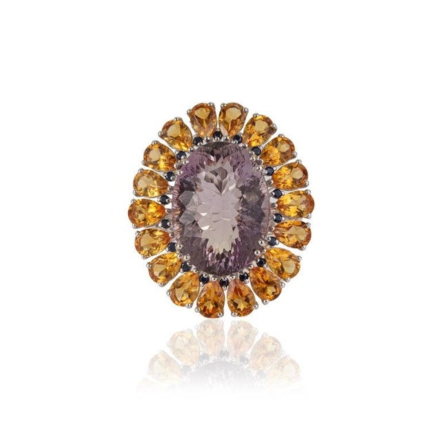 Handcrafted Multi-Gemstone Sunflower Ring in Solid Sterling Silver, Size 6 For Sale - Image 4 of 16