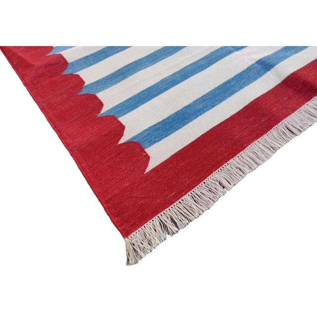 Not Yet Made - Made To Order Handmade Cotton Area Rug, Natural Vegetable Dyed, Blue and White Red Border Striped Dhurrie -9'x12' For Sale - Image 5 of 10